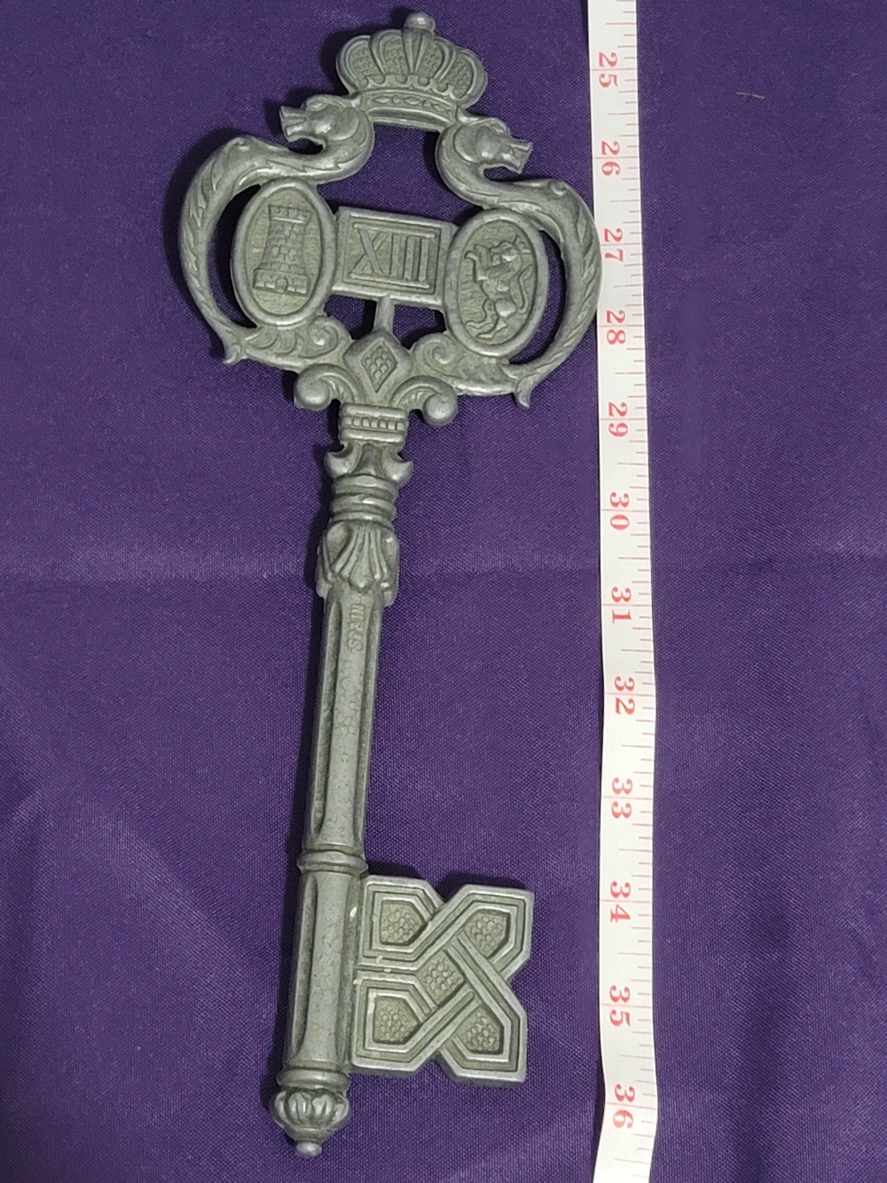 Vintage Spanish Master Quarter Large Antique-Style Gray Wall Key. Made In Spain